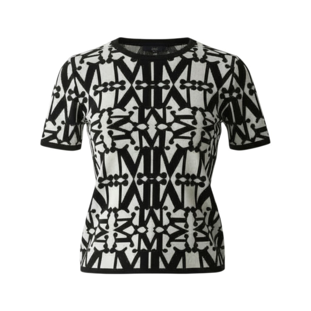 46L8【美品】MaxMara マックスマーラ 半袖ニット ニットセーター 総柄 幾何学模様 Sサイズ ブラック ホワイト ウール100％ レディースk02i