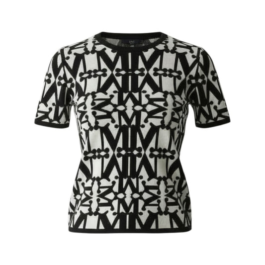 EL8【美品】MaxMara マックスマーラ 半袖ニット ニットセーター 総柄 幾何学模様 Sサイズ ブラック ホワイト ウール100％ レディースk02i