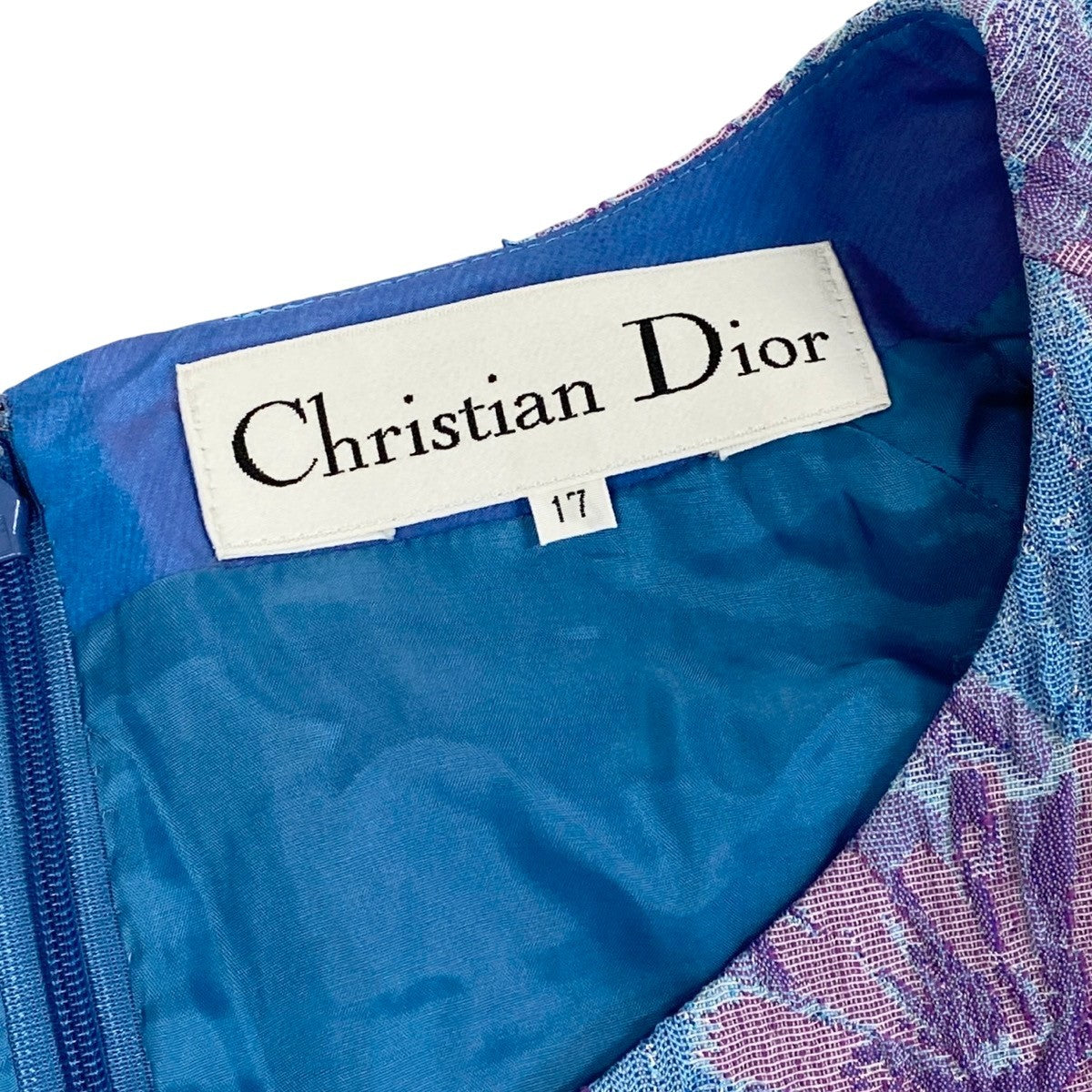 Eg13 Christian Dior クリスチャンディオール ノーカラー 花柄ワンピース サイズ17 ブルー ピンク パープル レディース 女性用o07t
