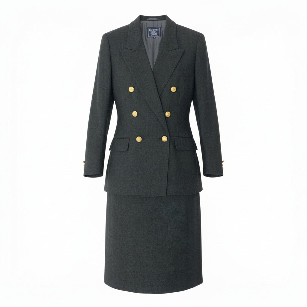 83b23【美品】Burberrys バーバリーズ スカートセットアップ テーラードジャケット タイトスカート 金ボタン 13サイズ グレー ウール100％ レディース 女性用u02t