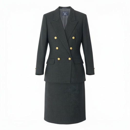 83b23【美品】Burberrys バーバリーズ スカートセットアップ テーラードジャケット タイトスカート 金ボタン 13サイズ グレー ウール100％ レディース 女性用u02t