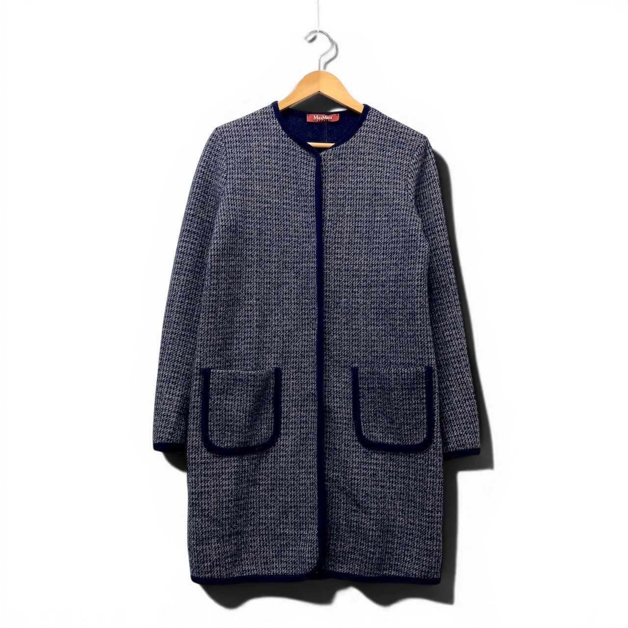 82f16 Max Mara STUDIO マックスマーラ ストゥディオ ノーカラー ウールニットコート 千鳥格子 サイズ40 ネイビー グレー レディース 女性用u02t