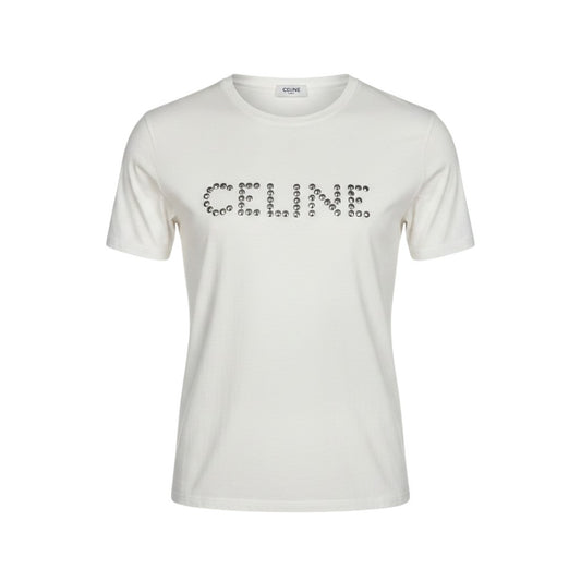 g19 CELINE セリーヌ スタッズロゴ ルーズフィット 半袖Tシャツ 2X50C671Q サイズL ホワイト コットン100％ メンズu02t