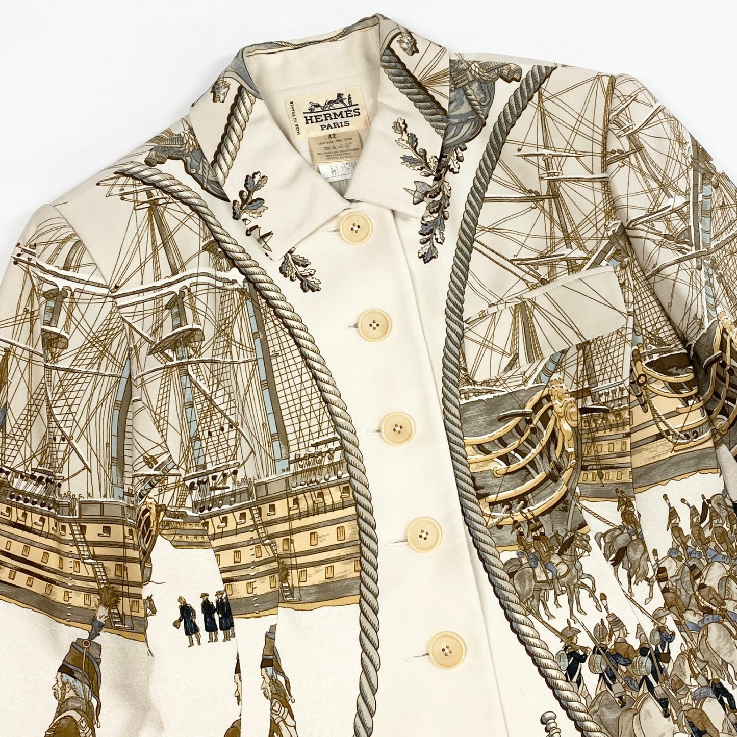 35L19 Vintage HERMES エルメス 海と騎兵隊 テーラードジャケット シルクジャケット 総柄 42 アイボリー系 シルク レディース 女性用 フランス製u02t