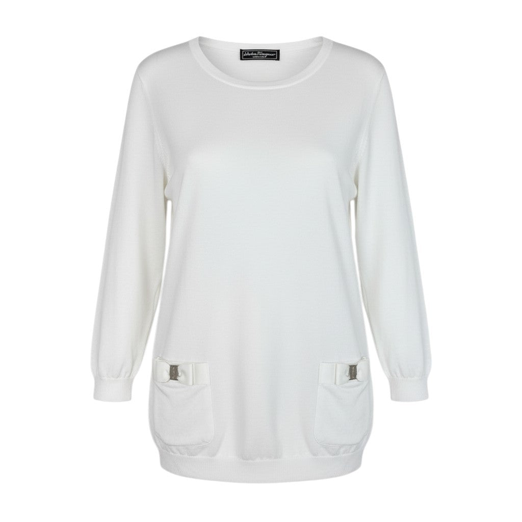 Ec2 《美品》 Salvatore Ferragamo サルヴァトーレフェラガモ ヴァラリボン ハイゲージ ニット セーター トップス L ホワイト レディースu02t