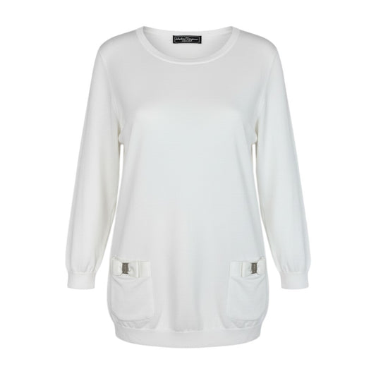 Ec2 《美品》 Salvatore Ferragamo サルヴァトーレフェラガモ ヴァラリボン ハイゲージ ニット セーター トップス L ホワイト レディースu02t