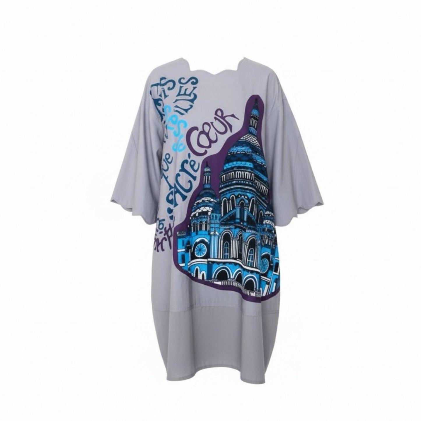 33c10【美品】 TOKUKO 1er VOL トクコプルミエヴォル 7分袖 ワンピース オーバーサイズ 身幅ゆったり エッフェル塔プリント ストレッチ レディース 女性服 サイズ9 パープルu02t