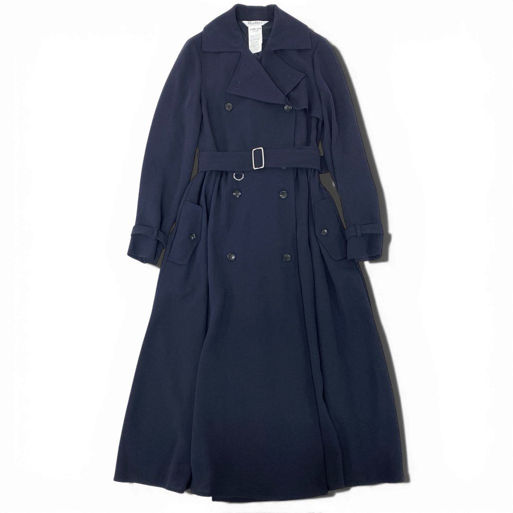 4a9 【極美品】MaxMara マックスマーラ トレンチコート スプリングコート ロングコート シフォン 36サイズ ネイビー レディースk02i