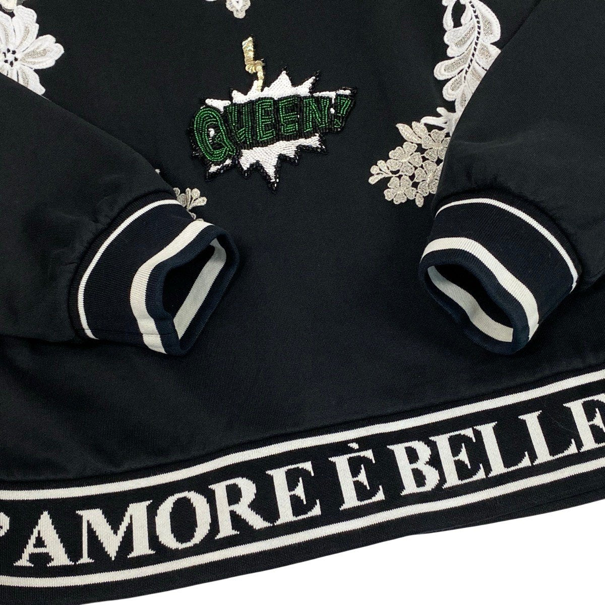 Hh11 【美品】DOLCE&GABBANA レース ビーズ 刺繍 スウェット トップス イタリア製 38サイズ ブラック レディース 女性用k02i
