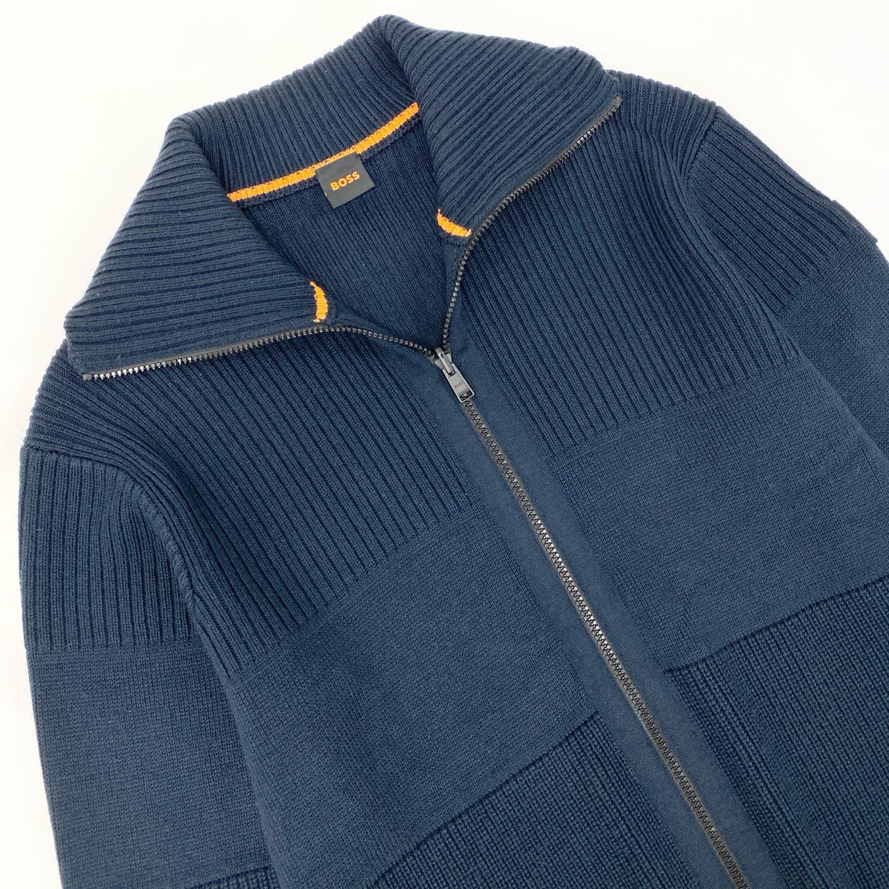 71i26 HUGO BOSS ヒューゴボス ドライバーズニット ジャケット XL ネイビー ロゴパッチ カーディガン 紳士服t18r
