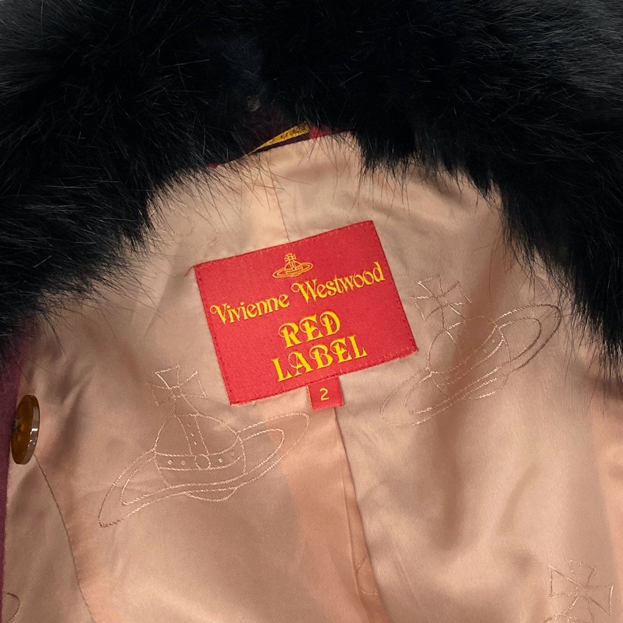 74i8 Vivienne Westwood RED LABEL ヴィヴィアンウエストウッド レッドレーベル オリゾンティ期 オーブボタン ラビットファー襟 ショートコート ジャケット 日本製 2 ボルドー ウール ナイロン レディースk02i