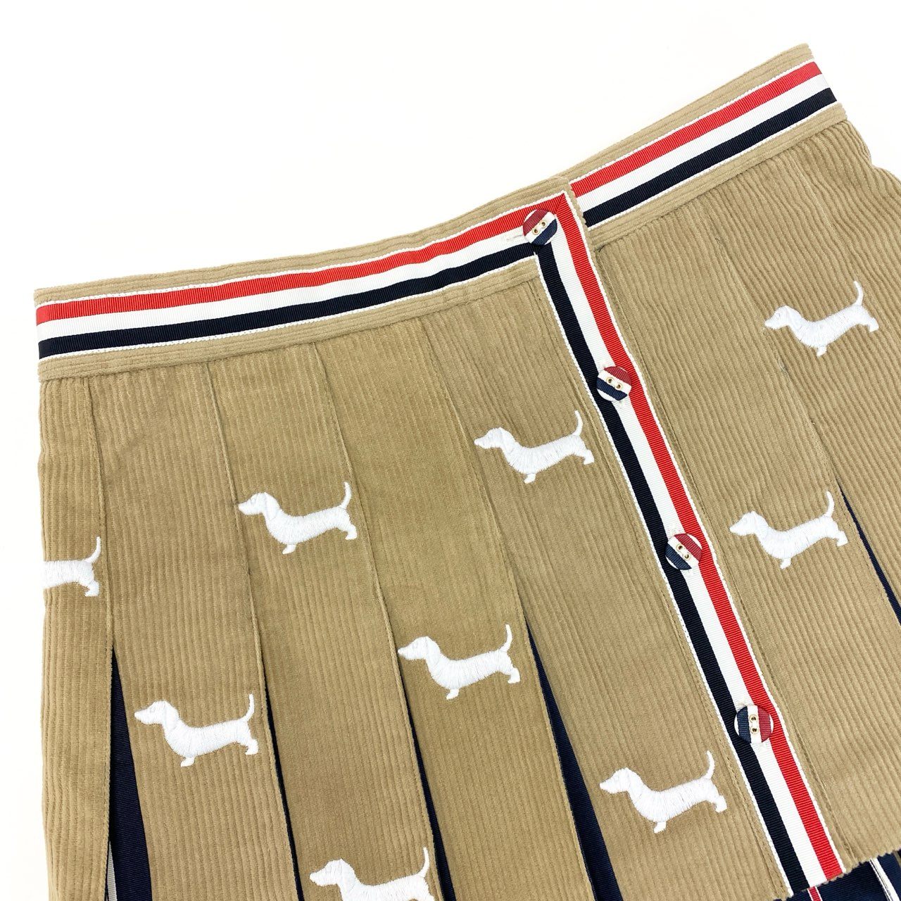 S【新品未使用】THOM BROWNE トムブラウン トリコロールテープ DOG刺繍 コーデュロイ ミニスカート サイズ38 ベージュ レディース 女性用 FGCA20E-E1225 38 ベージュk02i