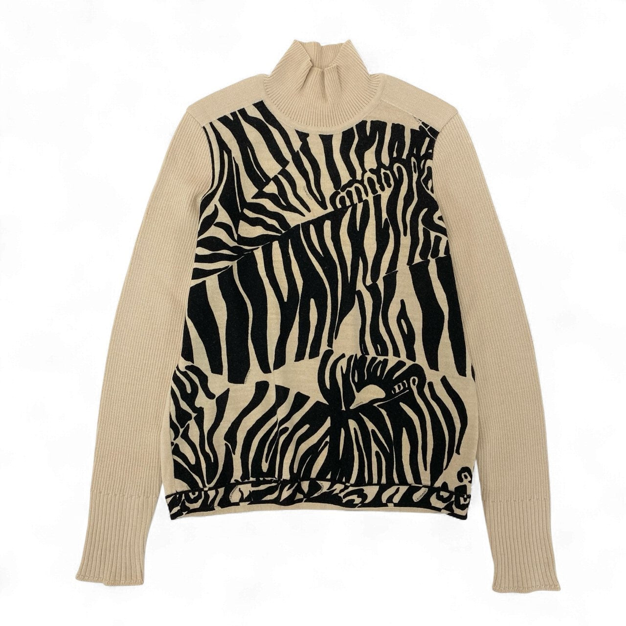 58k22 LEONARD レオナール リブニットセーター ハイネック ロングスリーブ 総柄 レディース 女性用 40 ベージュ ブラック ウール100％u02t