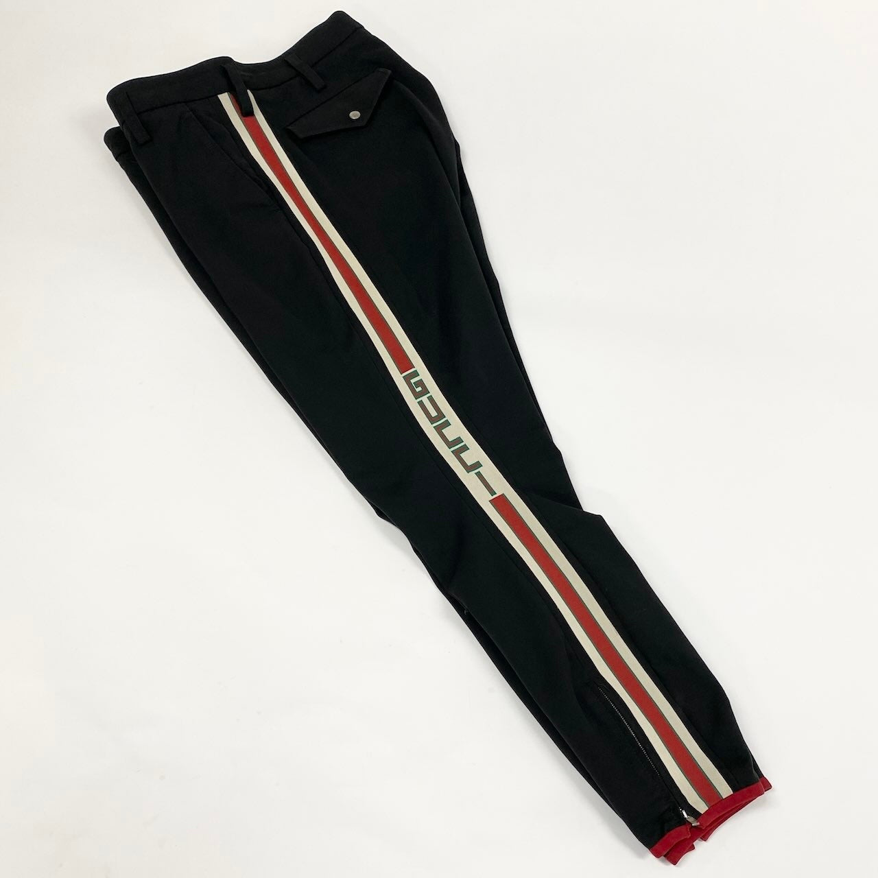 24e14 GUCCI グッチ ギャバジン ストレッチパンツ サイドロゴライン ボトム イタリア製 48サイズ ブラック メンズ 男性用u02t