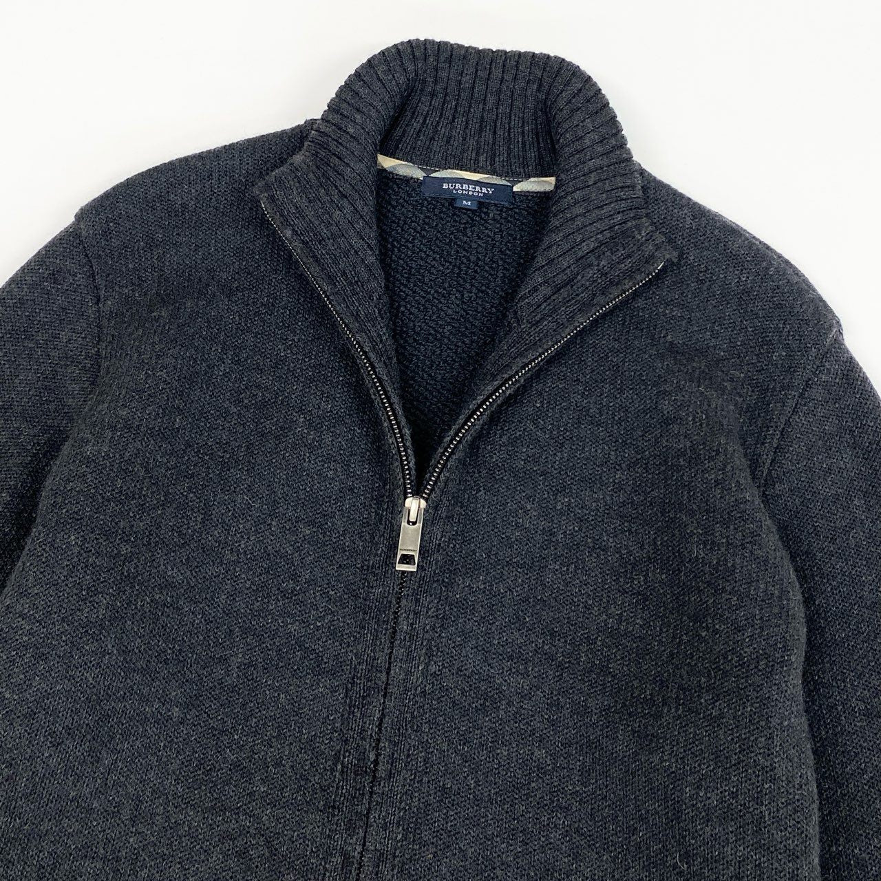 67j6 BURBERRY LONDON バーバリーロンドン フルジップ ニットジャケット ブルゾン リブハイネック  M ダークグレー ウール100％u02t