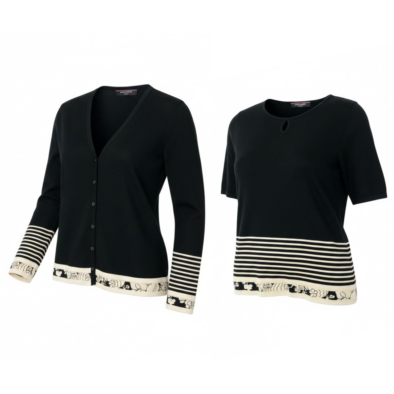 4k23《美品》 LEONARD FASHION レオナール アンサンブルニット ツインニット 半袖トップス カーディガン ボーダー柄 花柄刺繍 シルク混 Ｌ ブラック ホワイト系u02t