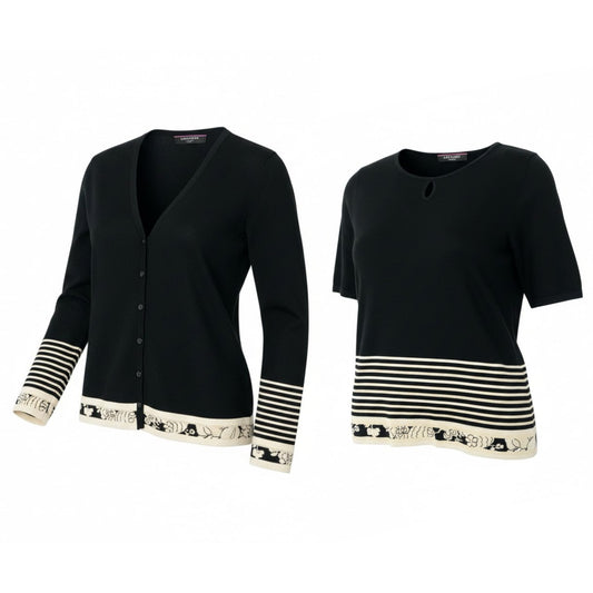 4k23《美品》 LEONARD FASHION レオナール アンサンブルニット ツインニット 半袖トップス カーディガン ボーダー柄 花柄刺繍 シルク混 Ｌ ブラック ホワイト系u02t