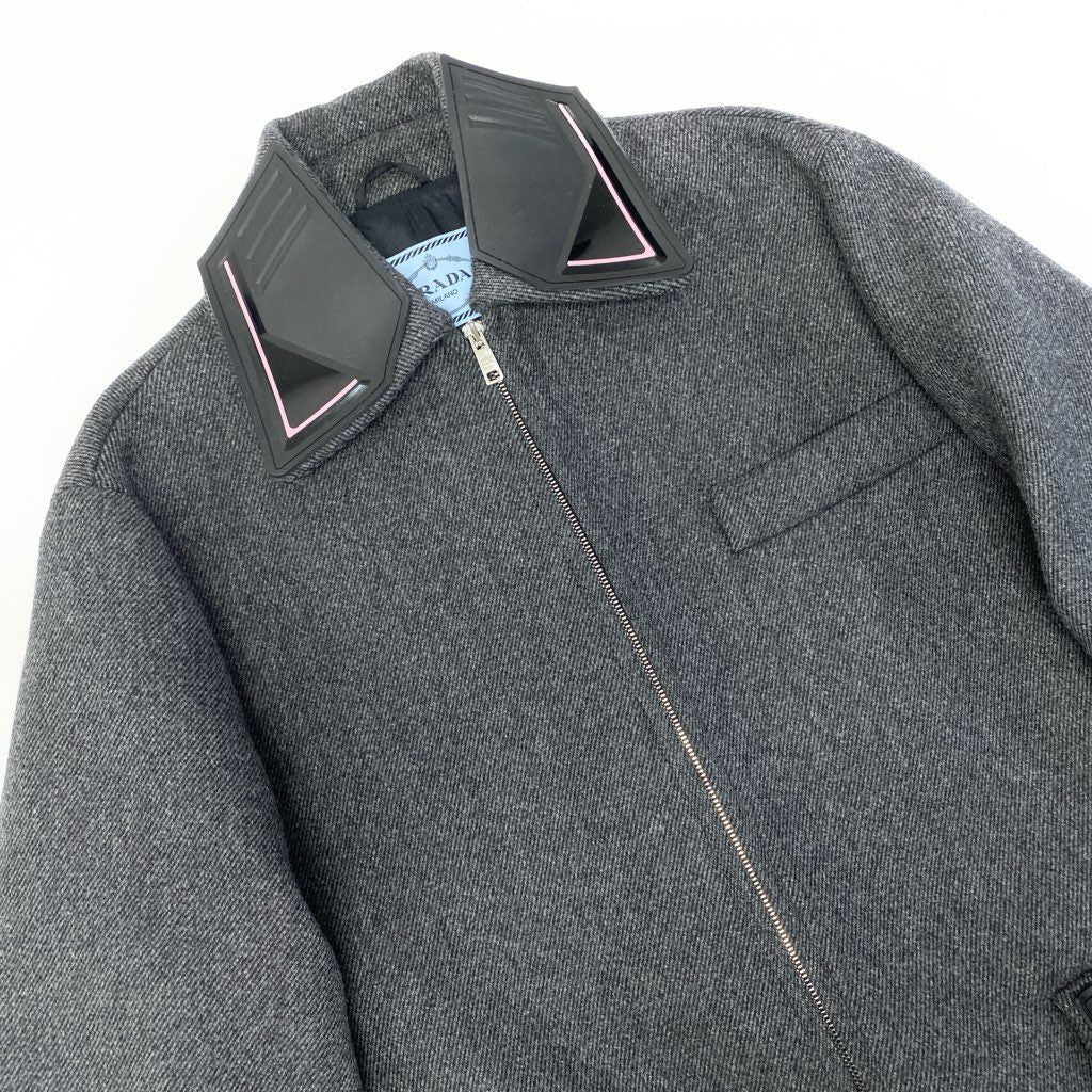 30a9 【美品】 PRADA プラダ ウールジップジャケット ロングジャケット 三角ロゴ トライアングルデザイン  レディース 女性用 38 グレーo07t