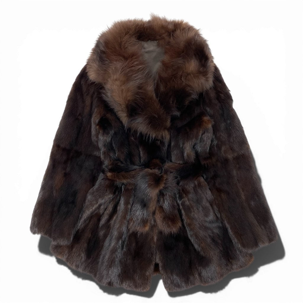 5L22 襟巻付き デミバフミンク ×フォックス ファーコート サイズF ブラウン 本毛皮 MINK FOX FUR ポケット有t18r