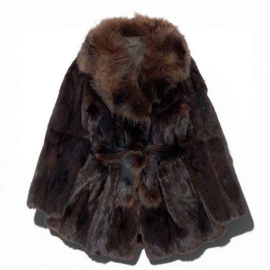 5L22 襟巻付き デミバフミンク ×フォックス ファーコート サイズF ブラウン 本毛皮 MINK FOX FUR ポケット有t18r