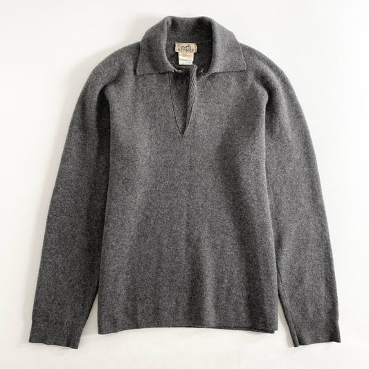 5i4 HERMES エルメス 襟付き カシミヤニットトップ セーター S グレー CASHMERE 100％ イタリア製