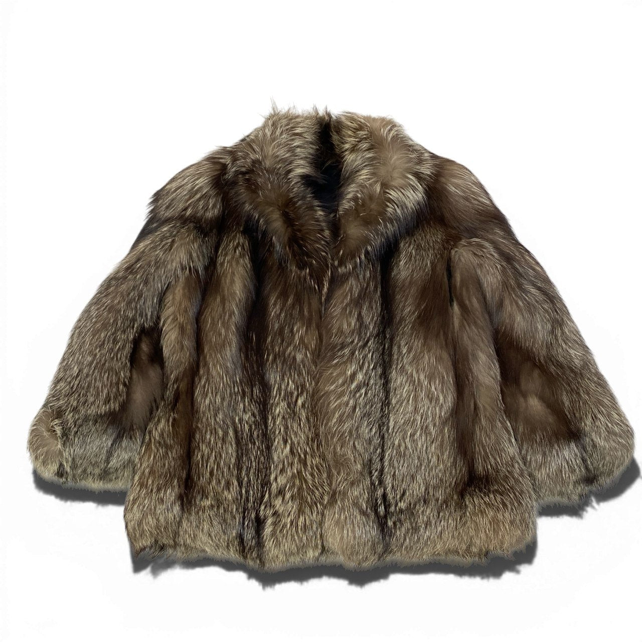 42a23 シルバーフォックス 極厚 ファーコート サイズ13 茶系 本毛皮 Silver Fox Fur Coatt18r