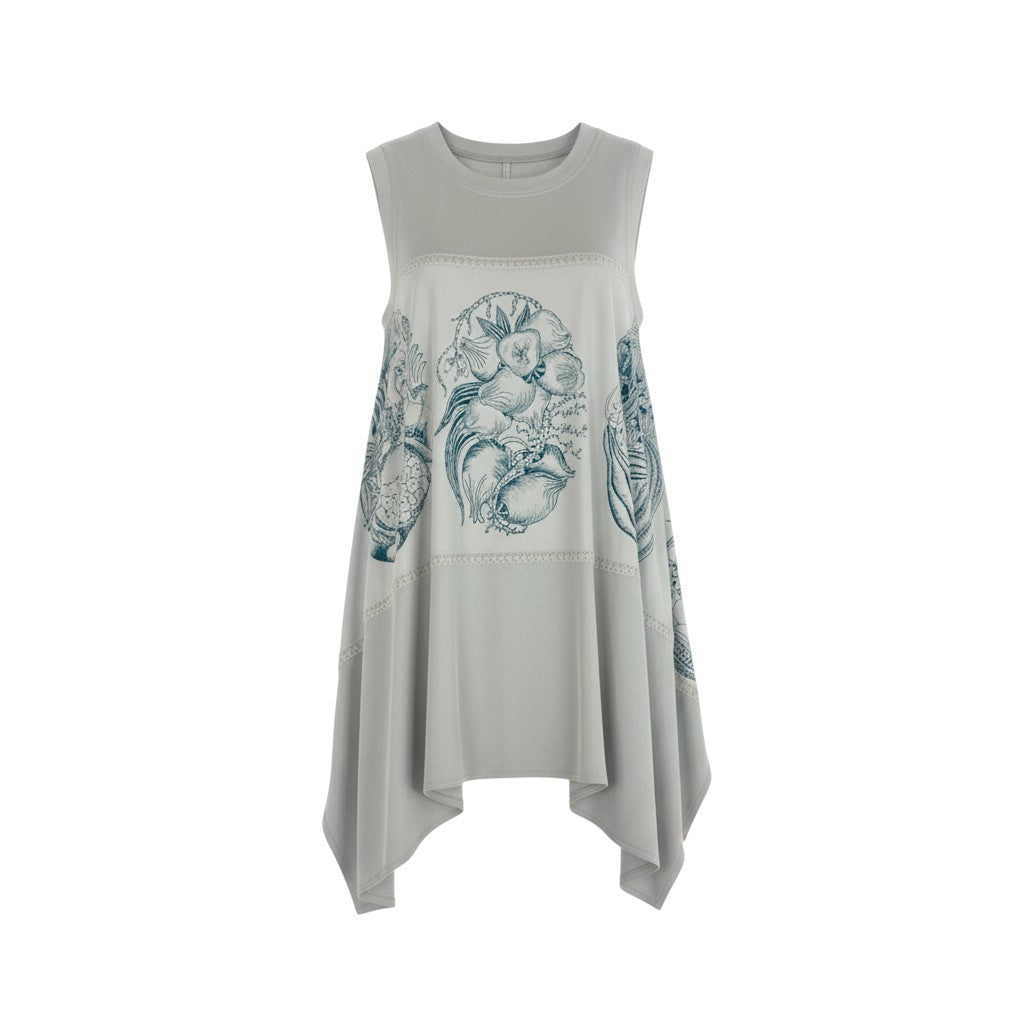 45k26 《美品》 TOKUKO 1er VOL トクコプルミエヴォル ノースリーブワンピース フレアワンピース イラストプリント○ レディース 女性用 9 グレーu02t