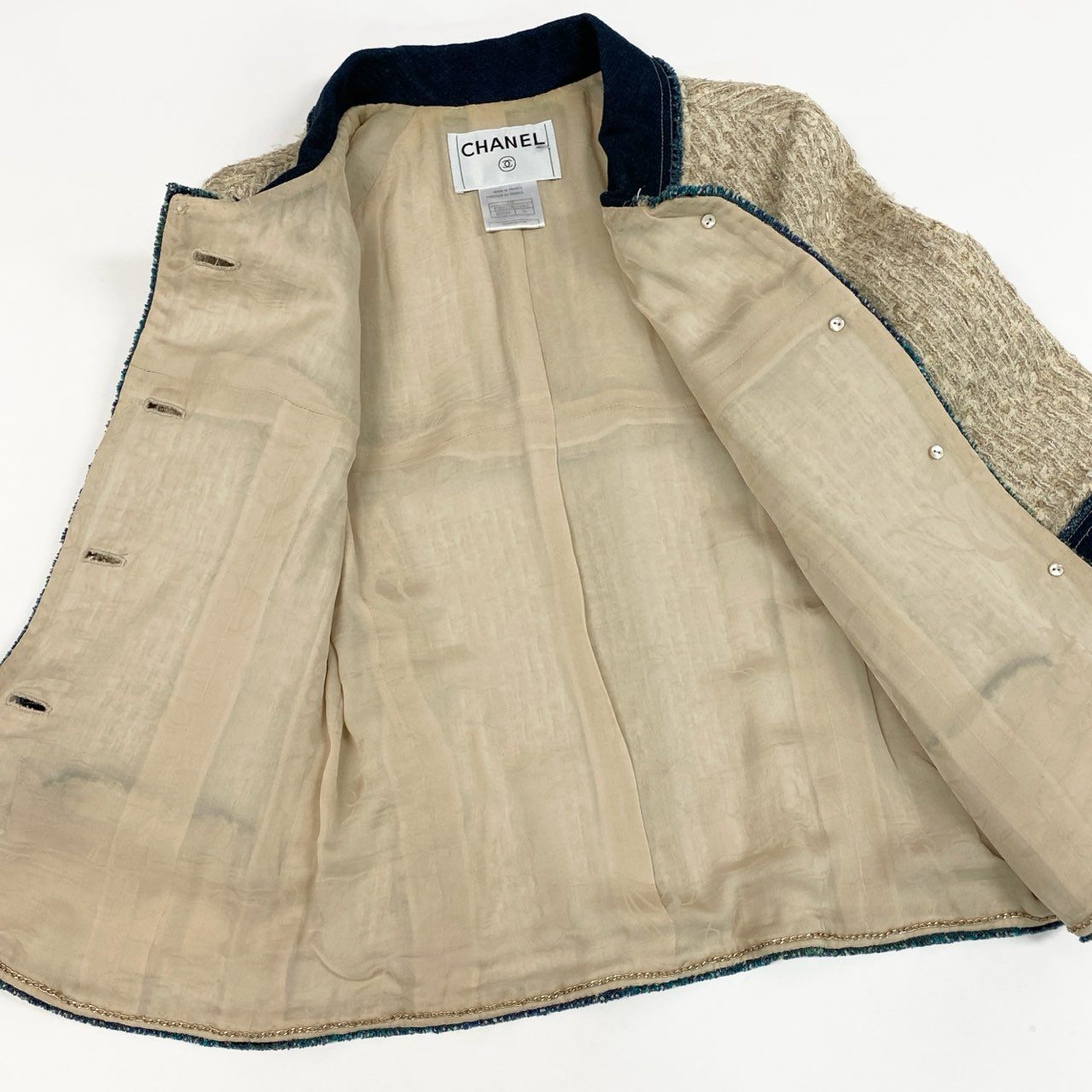 Cb19 CHANEL シャネル 07P P30527 2007年 7分袖 デニム切替ツイードジャケット ココマークボタン サイズ36 レディースta1