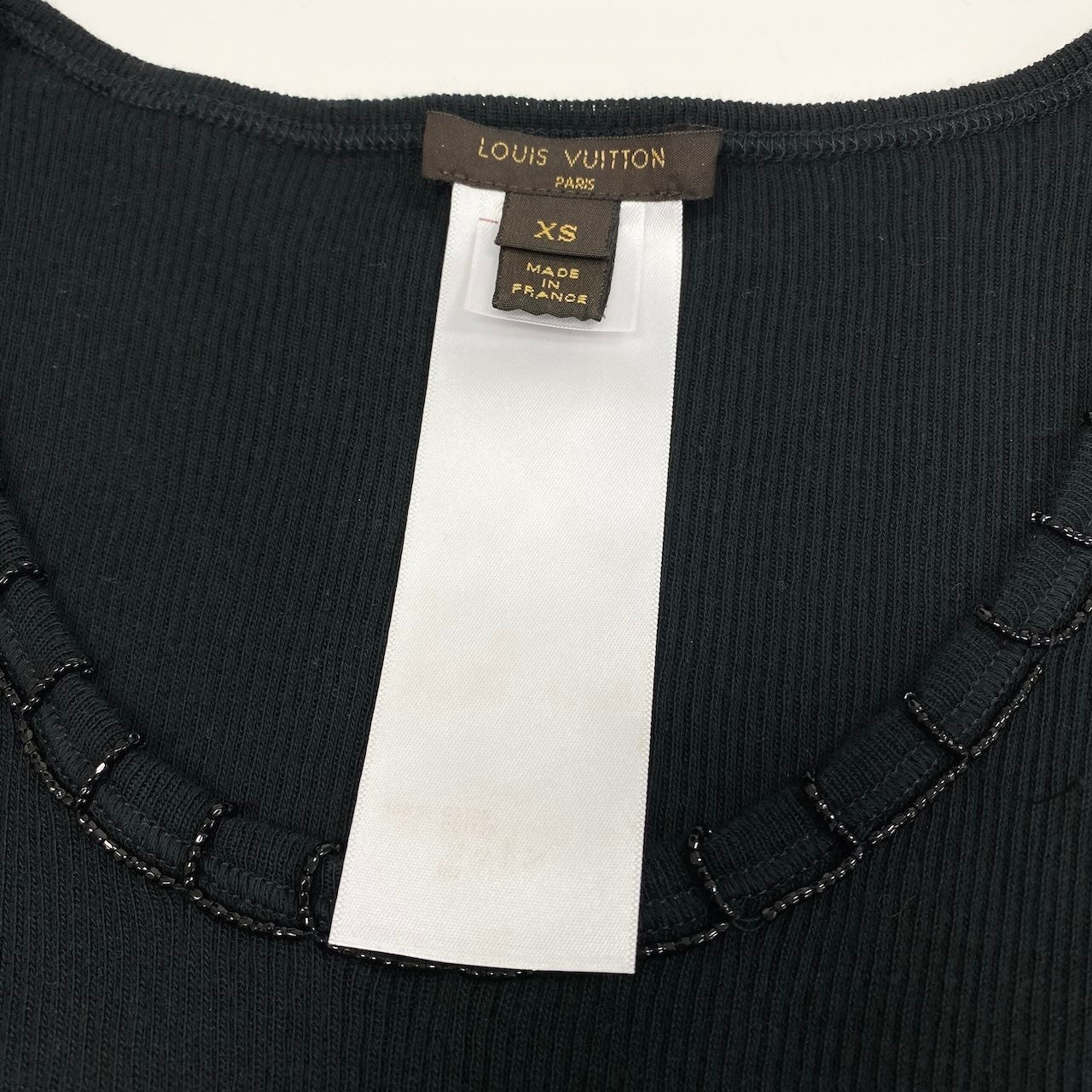 Ec27 LOUIS VUITTON ルイヴィトン LVロゴ リブニットノースリーブトップス カットソー ビーズ装飾 フランス製 XSサイズ ブラック コットン100％ レディース 女性用u02t