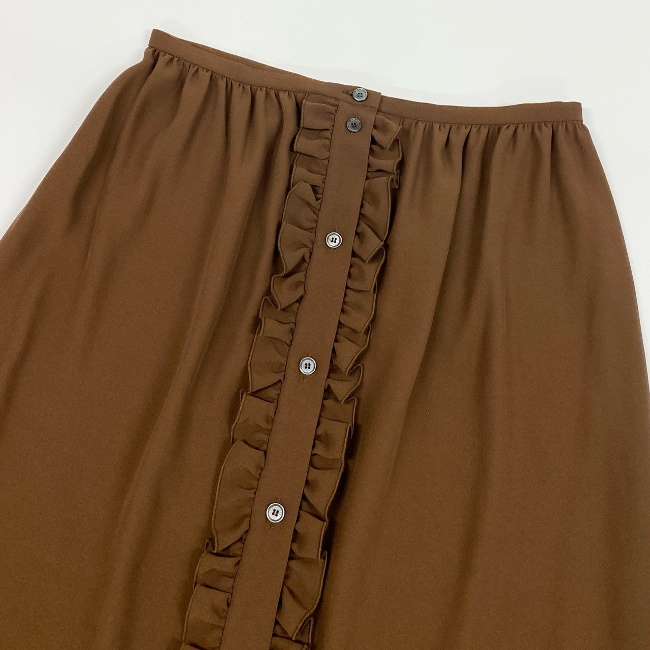 Ed7 CELINE セリーヌ シルクスカート 膝丈スカート フリル フロントボタン サイズ38 ブラウン シルク100％ レディース 女性用o07t