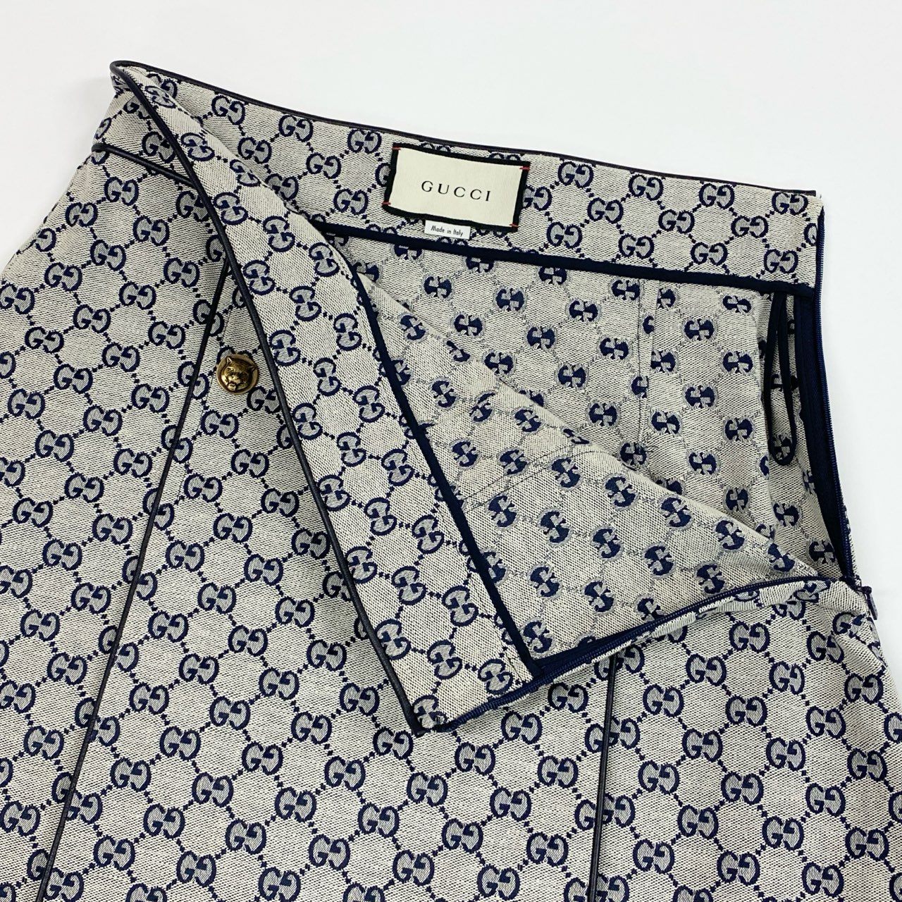 Ia15 GUCCI グッチ レザーパイピング ジャガード GGキャンバス Aラインスカート サイズ42 グレー系 レディースk02i