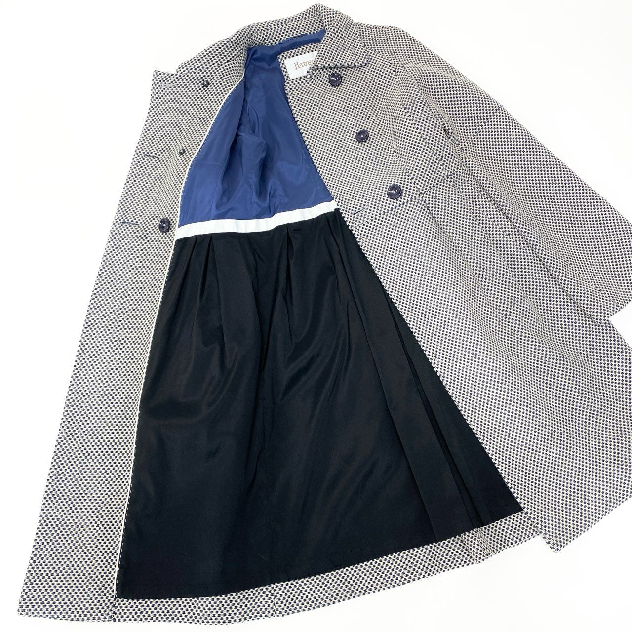 47b3【美品】HERNO ヘルノ ステンカラーコート ウールロングコート ウエスト切替 タック入り アイボリー ブルー ウール100％ レディース 女性用u02t