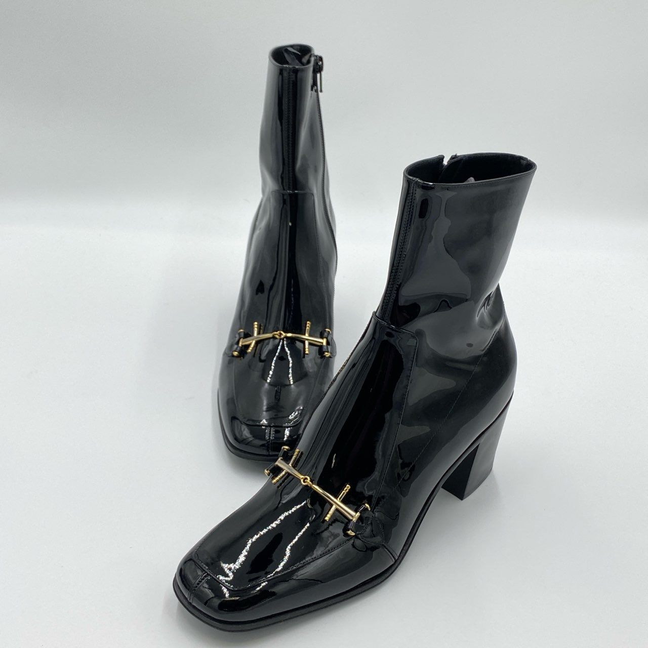 5h29《未使用品》 SAINT LAURENT サンローラン 23SS ホースビット エナメルブーツ 41 ブラック パテントレザー シューズ 箱 保存袋付きt18r