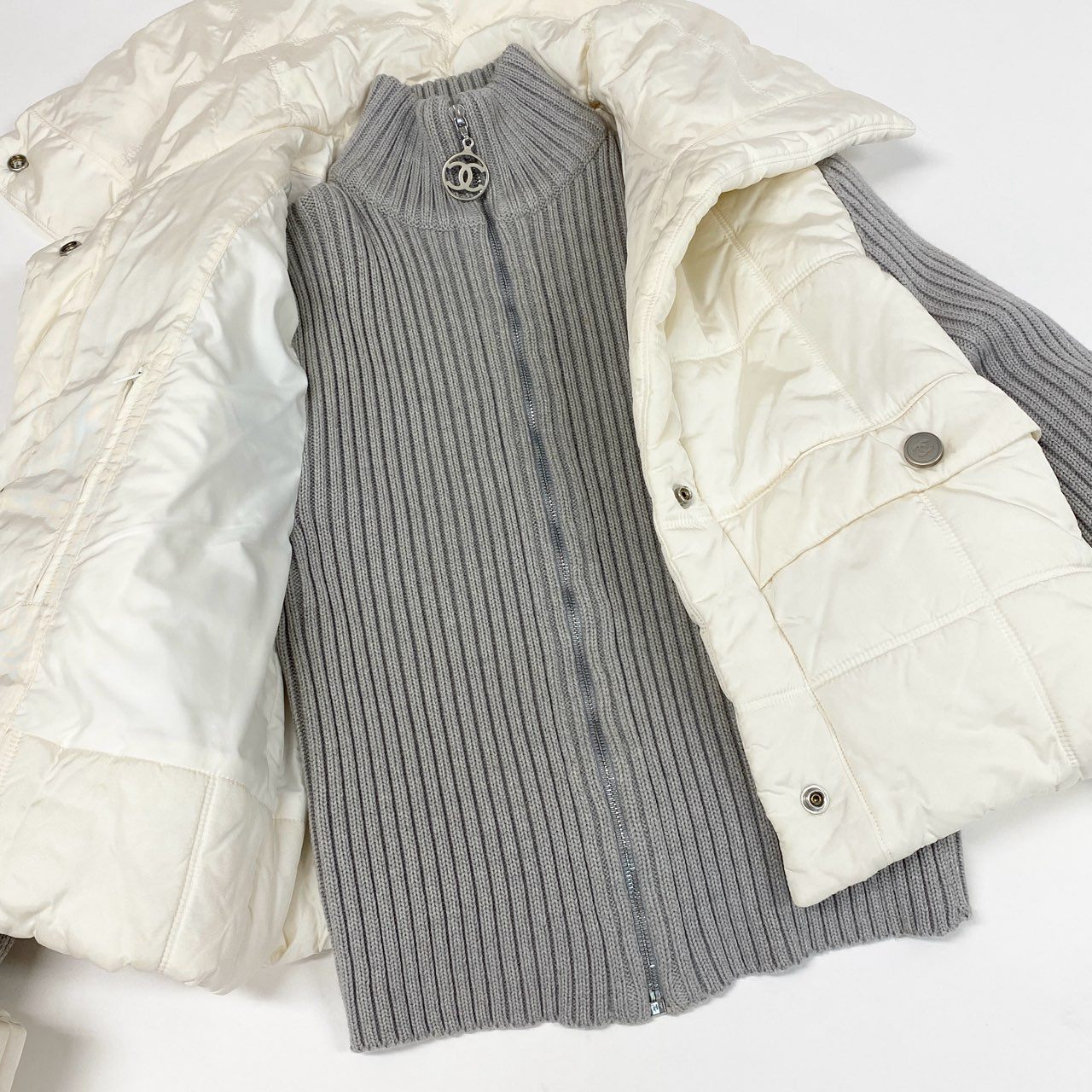 Cb15 CHANEL シャネル スポーツライン 2000 ニット切り替え 中綿ジャケット アウター ココマーク P16399 36 ホワイト グレー レディースta1