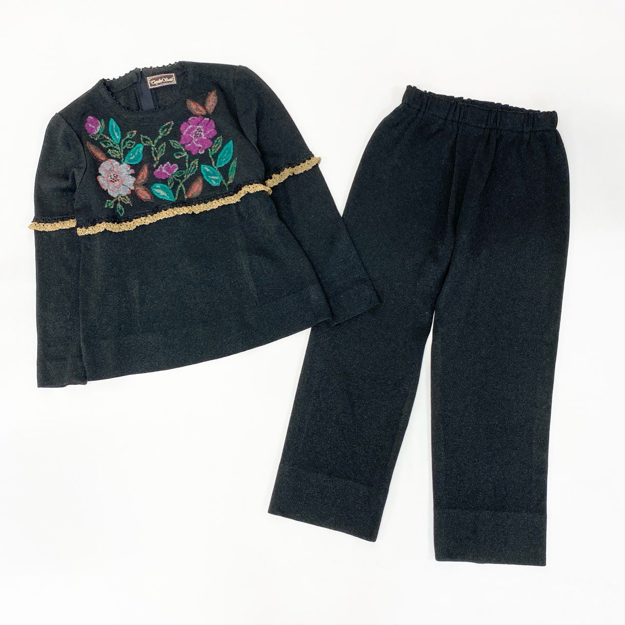 14j10 《美品》TOYOKO SAITO サイトウトヨコ 斎藤都世子 ニットセットアップ パンツセットアップ 花柄刺繍 ラメ ブラック レディースo07t