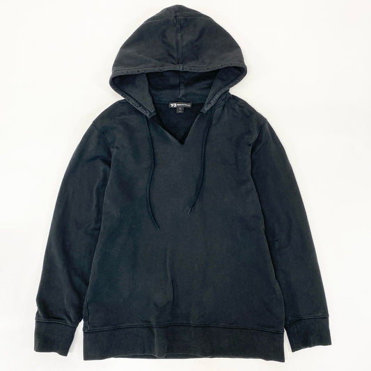 51h25 Y-3 ワイスリー ヨウジヤマモト Vネック プルオーバーパーカー フーディ バックプリント 大きいサイズ XXLサイズ ブラック コットン メンズo07t