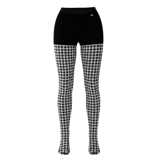 51e19 【未使用保管品】 CHANEL シャネル ニットパンツ タイツ ココマーク アーガイル柄 サイズS ブラック ホワイト レディース 女性用u02t