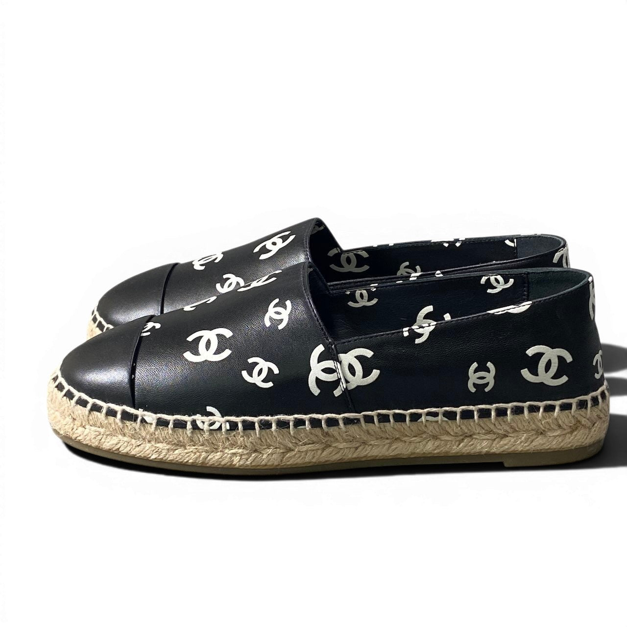 e13 CHANEL シャネル エスパドリーユ フラットシューズ ココマーク レザー G38628 サイズ39 ブラック レディース 女性靴ta1