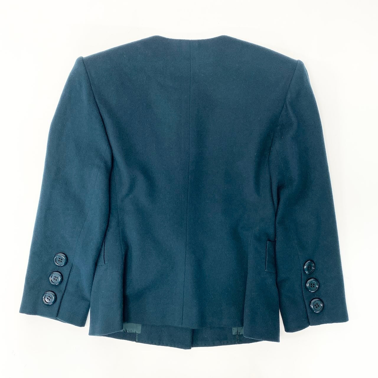 33f15 YVES SAINT LAURENT イヴサンローラン ノーカラージャケット ウールジャケット サイズS ダークグリーン レディース 女性用u02t