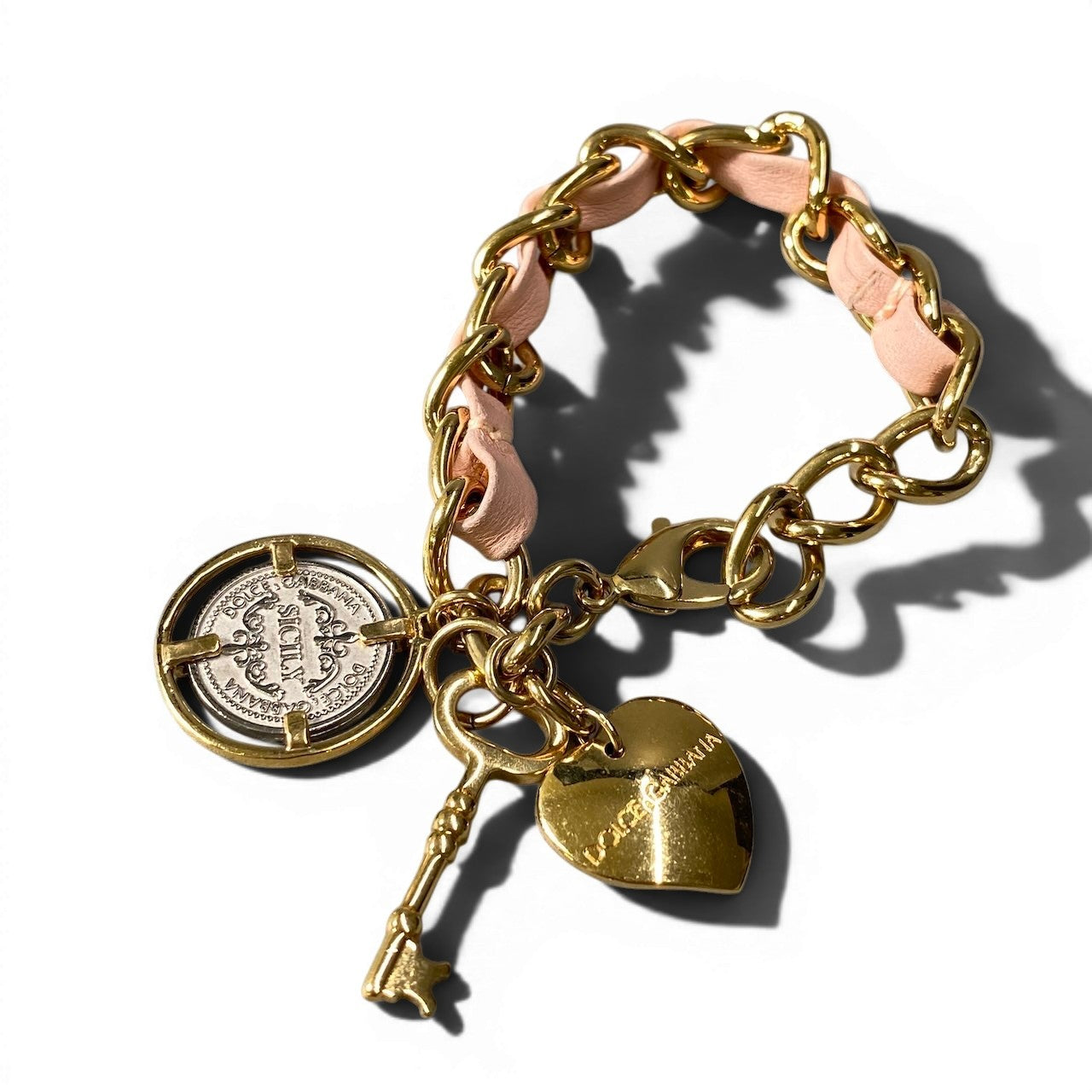 f10 DOLCE&GABBANA ドルチェアンドガッバーナ ゴールドチェーン ブレスレット レザー編み込み ハート キーチャーム ゴールド ピンク レディース 女性用 アクセサリーu02t