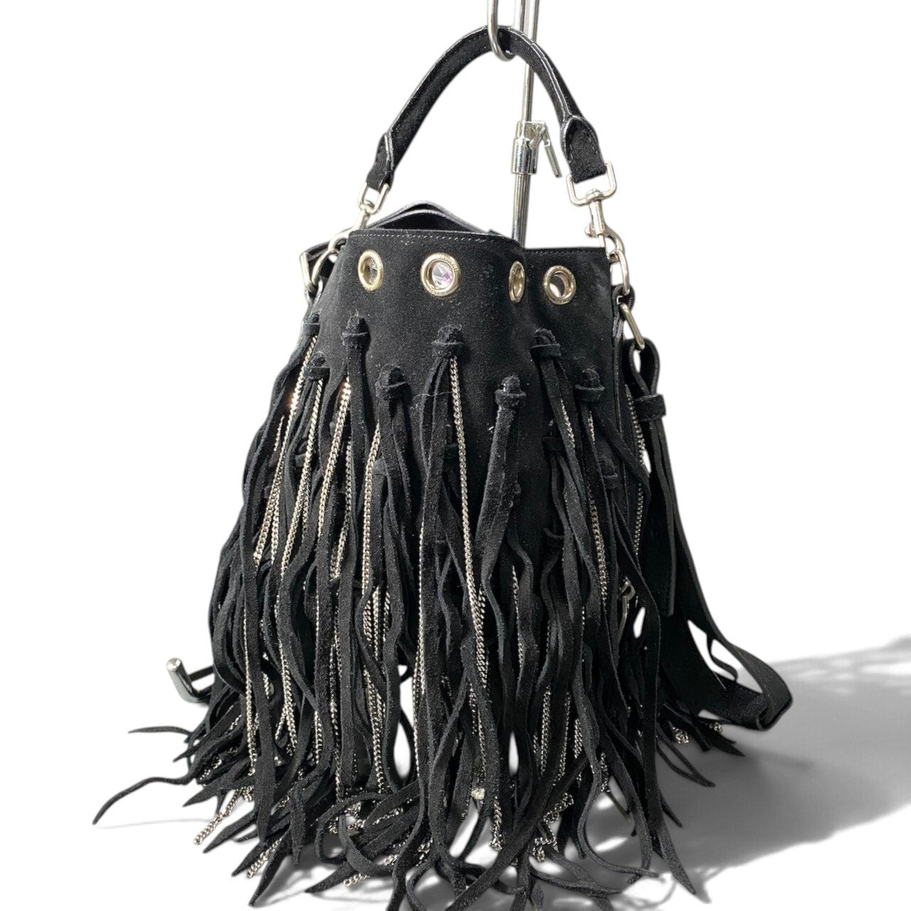 h21 SAINT LAURENT サンローラン フリンジ×チェーン バケットバッグ Fringe × Chain Bucket Shoulder Bag Black Leathert18r