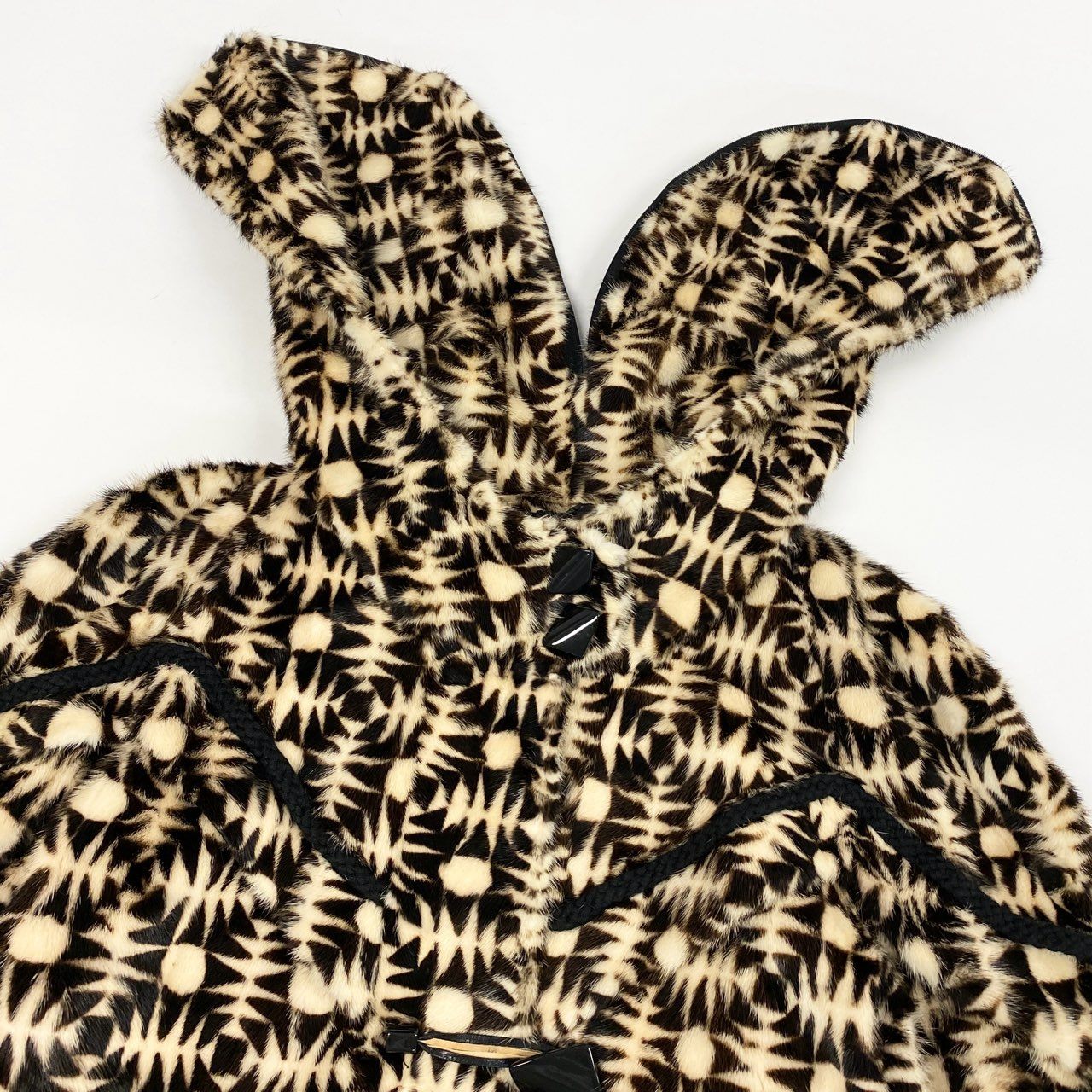 26L5 《希少》 SGOURIDIS 総柄ミンク フード付き ロングコート サイズF ブラウン ホワイト 最高級本毛皮 レアデザイン MINK FURt18r