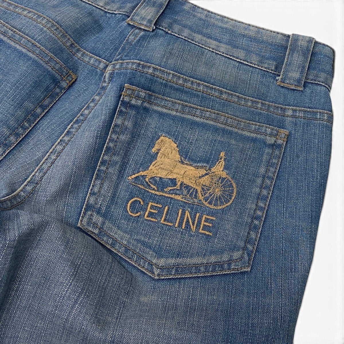 79g1 CELINE セリーヌ ロゴ刺繡 デニムパンツ ジーンズ ストレッチ サイズ34 ライトブルー レディースu02t