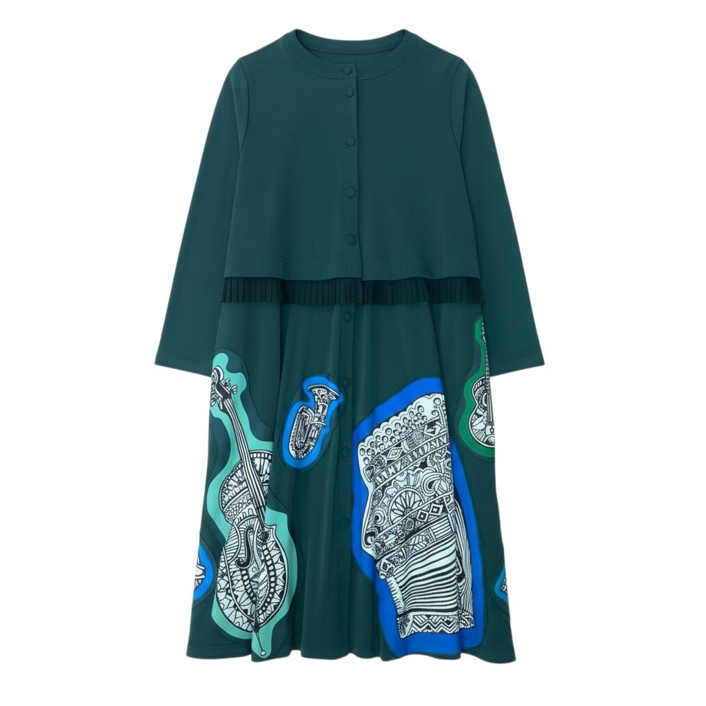 84b27 TOKUKO 1er VOL トクコプルミエヴォル ロングシャツワンピース 長袖 楽器柄 伸縮ストレッチ レディース 女性服 サイズ9 グリーン系u02t