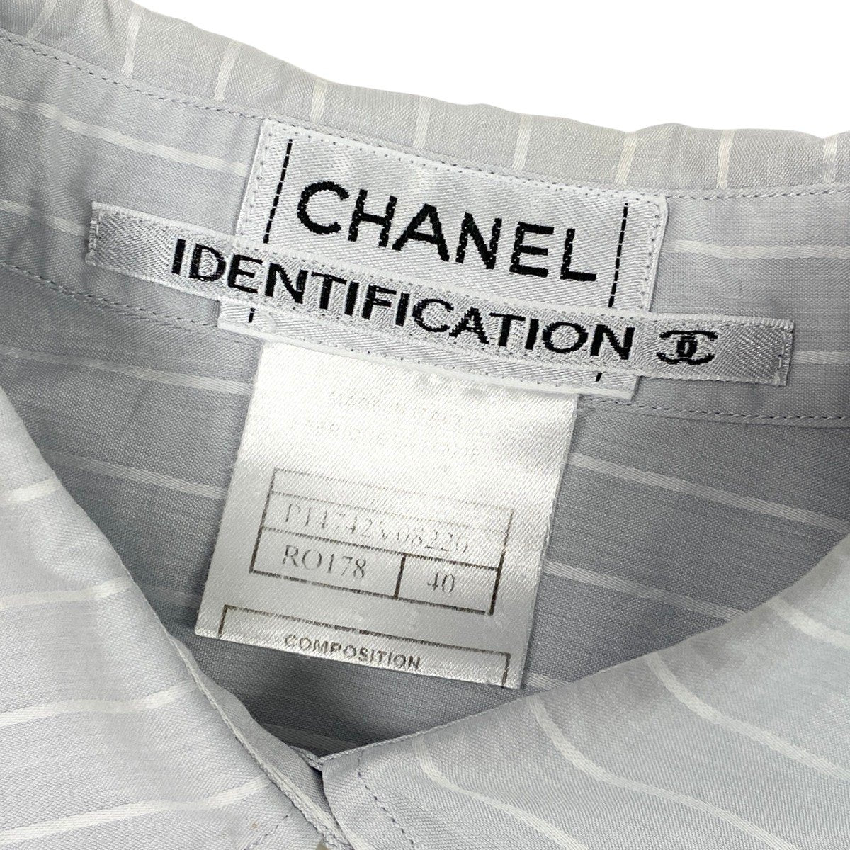 Ce28 CHANEL シャネル 2000年ss IDENTIFICATION 七分袖シャツ 袖ロゴ ボーダー柄 P14742V08220 サイズ40 ライトグレー ホワイト コットン100％ レディースu02t