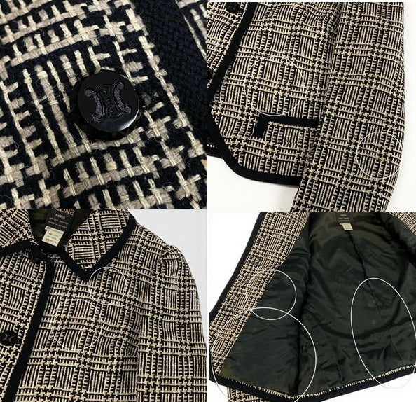 Ef27 CELINE セリーヌ セットアップ スカートスーツ ツイードジャケット 総柄 サイズ38 ベージュ ブラック ウール100％ レディースo07t