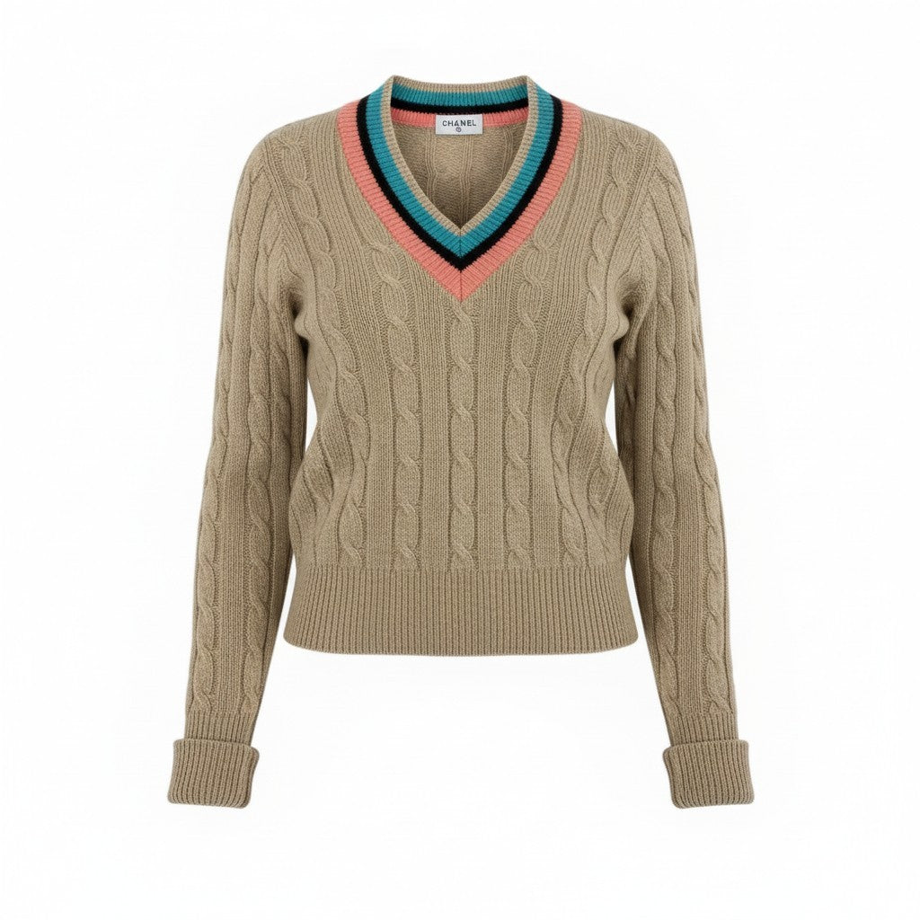 60b9 【美品】CHANEL シャネル 1996 カシミヤ スクールニット ロングスリーブニットセーター ココマーク PO8766W02335 42サイズ ベージュ レディース 女性用k02i