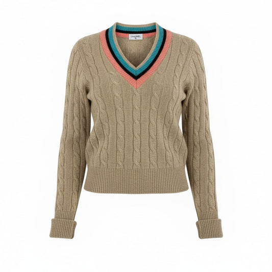 60b9 【美品】CHANEL シャネル 1996 カシミヤ スクールニット ロングスリーブニットセーター ココマーク PO8766W02335 42サイズ ベージュ レディース 女性用k02i