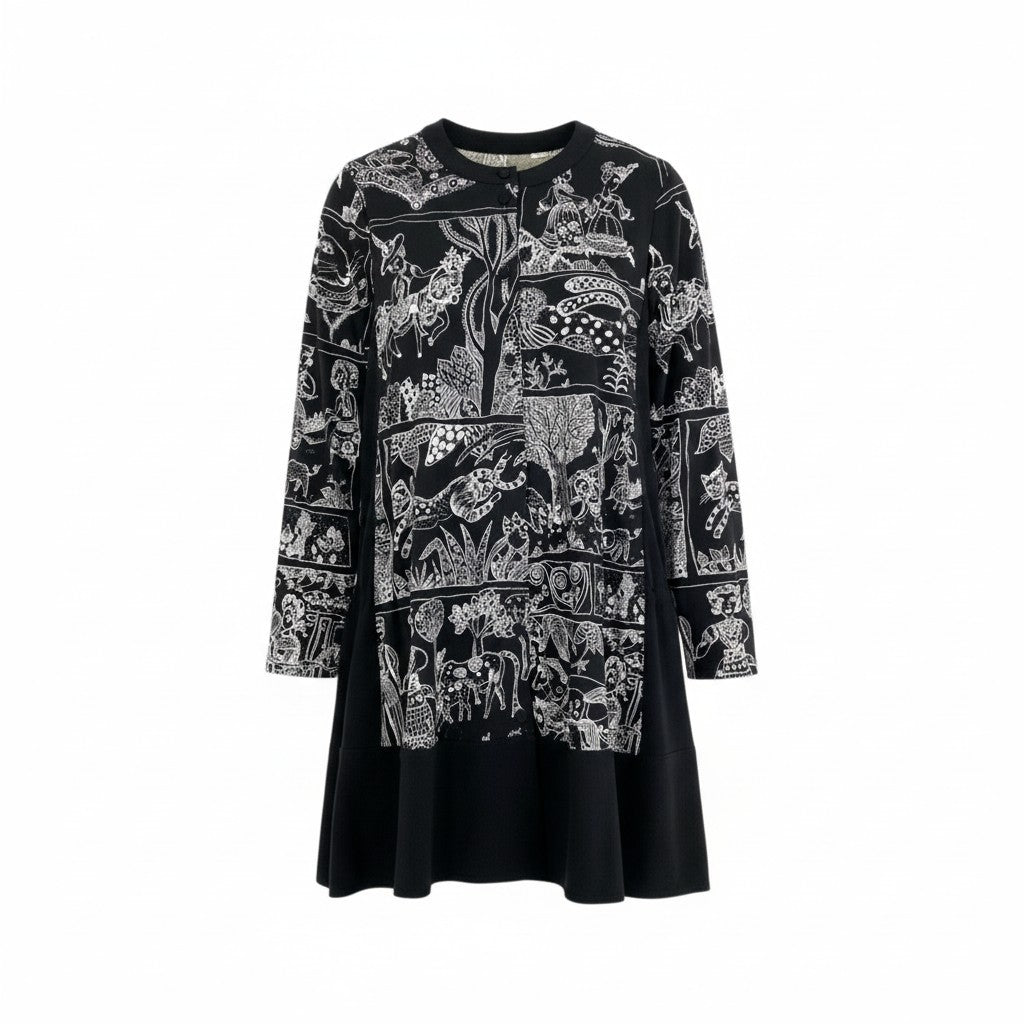 76k21 TOKUKO 1er VOL トクコプルミエヴォル 長袖シャツワンピース 総柄プリント アニマル柄 サイドリボン レディース 女性用 9 ブラックu02t