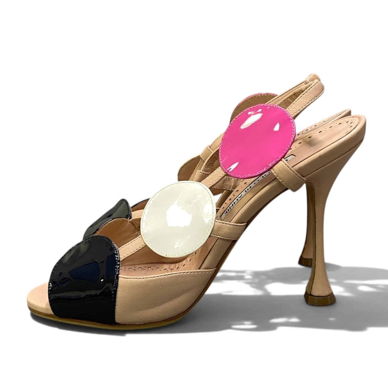 i1 MANOLO BLAHNIK マノロ・ブラニク Munir オープントゥ バックストラップ ヒールサンダル  サイズ39 マルチカラー パテントレザー レディースk02i